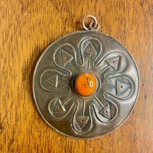 Vintage Brutalist Engraved Pendant with Orange Stone - Jòzsef Peri Hungary